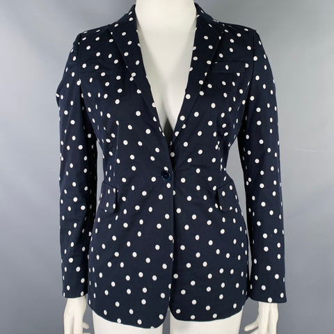 AKRIS Size 12 Navy White Cotton Blend Polka Dot Blazer