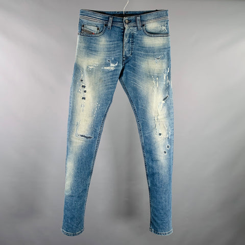 DIESEL FW16 Size 26 Tepphar Blue Distressed Cotton Blend Tapered Slim Jeans