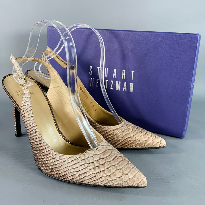 STUART WEITZMAN Size 9.5 Daisy Grey Gold Textured Snakeskin Effect Leather Slingback Pumps