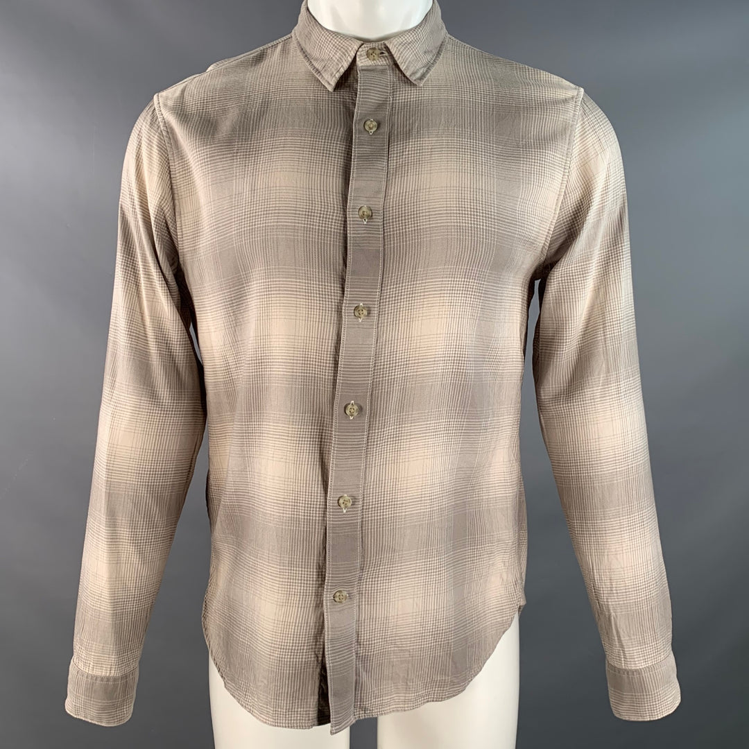 VINCE Size S Beige Taupe Plaid Cotton Blend Pointed Collar Long Sleeve Shirt