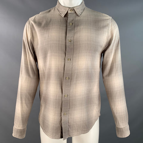 VINCE Size S Beige Taupe Plaid Cotton Blend Pointed Collar Long Sleeve Shirt