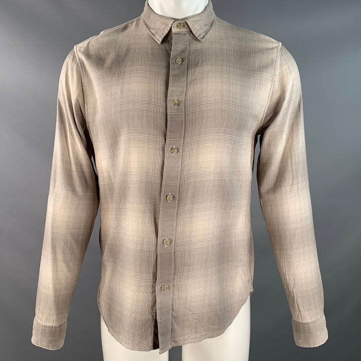 VINCE Size S Beige Taupe Plaid Cotton Blend Pointed Collar Long Sleeve Shirt