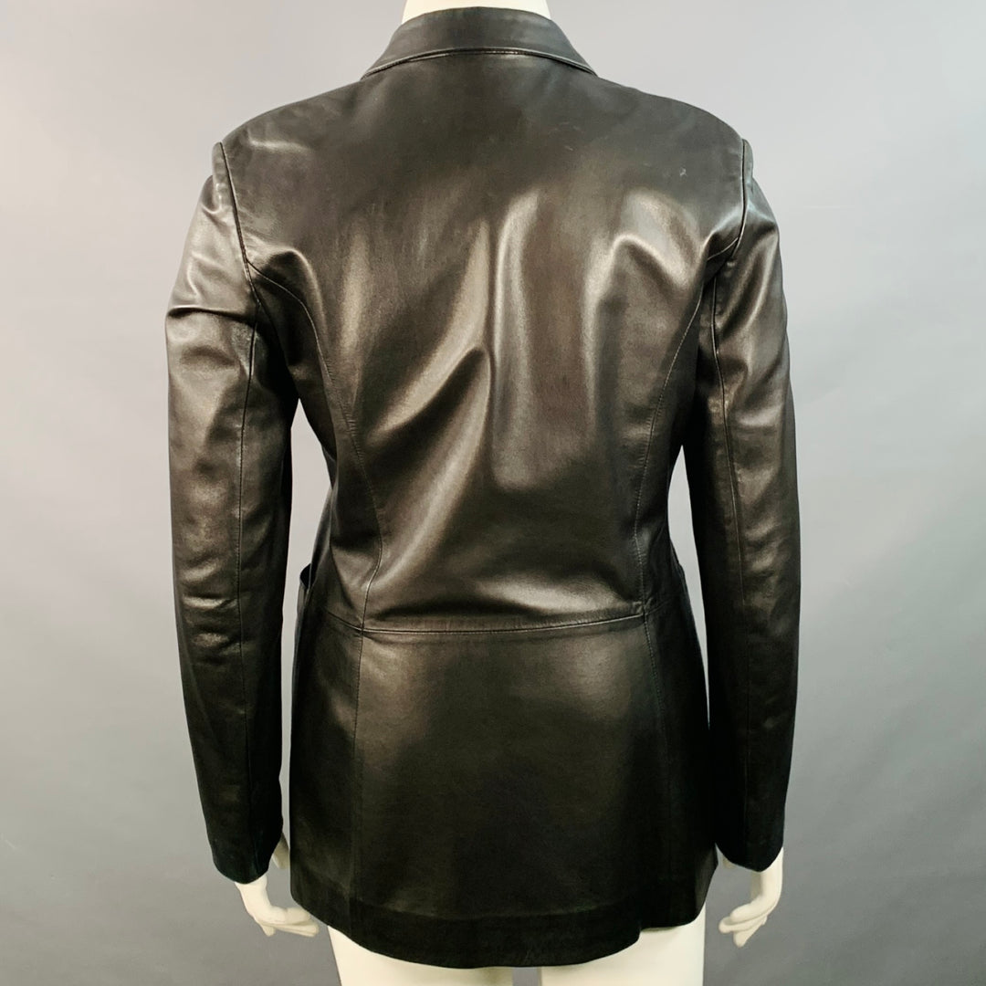 BALLY Size 12 Black Leather Hidden Buttons Jacket Blazer