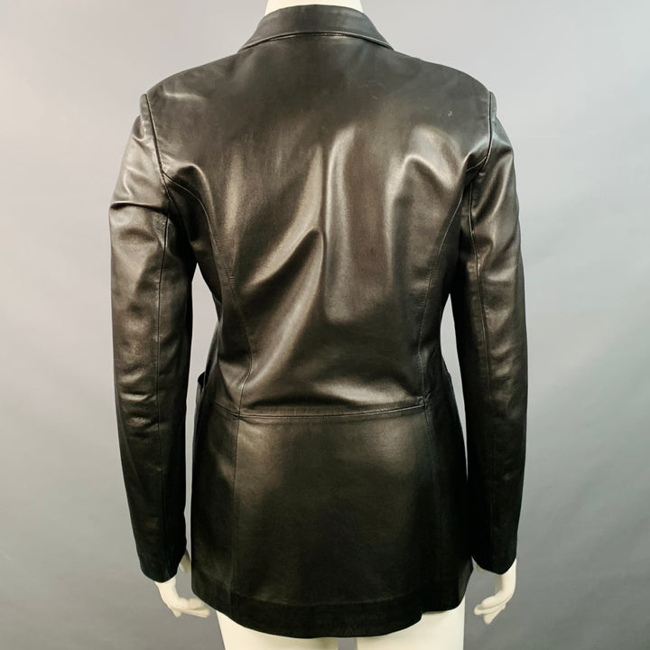 BALLY Size 12 Black Leather Hidden Buttons Jacket Blazer