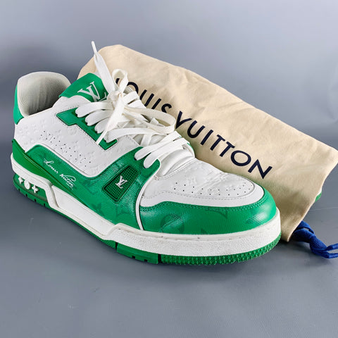 LOUIS VUITTON Size 11.5 LV Trainer Green White Two Toned Leather Sneakers
