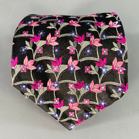 ROBERT TALBOTT Black Pink Abstract Floral Silk Tie