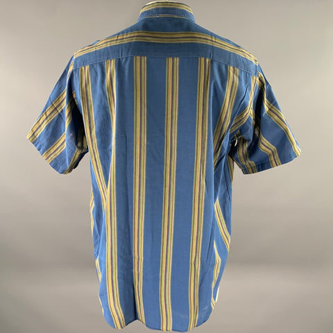 GIORGIO ARMANI Size M Blue Olive Stripe Cotton Short Sleeve Shirt