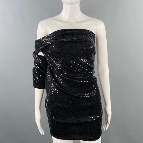 THE ATTICO Size 4 Black Nylon Blend Sequined One Shoulder Dress Top
