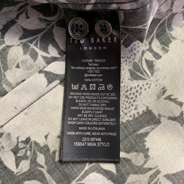 TED BAKER Size XS Stylo Black Grey Floral Leopards Cotton Spread Collar Long Sleeve Shirt
