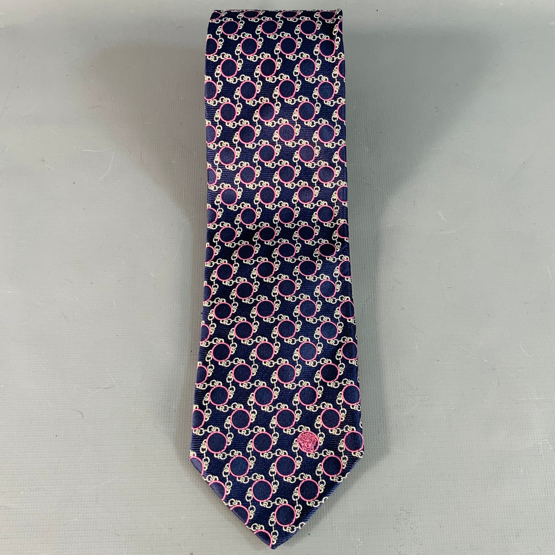 VERSACE Navy Pink Chain Link Circles Jacquard Silk Tie