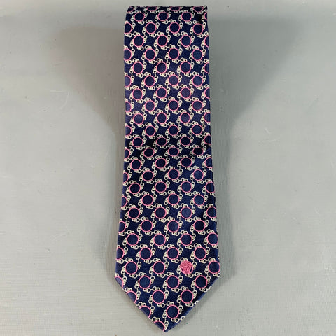 VERSACE Navy Pink Chain Link Circles Jacquard Silk Tie