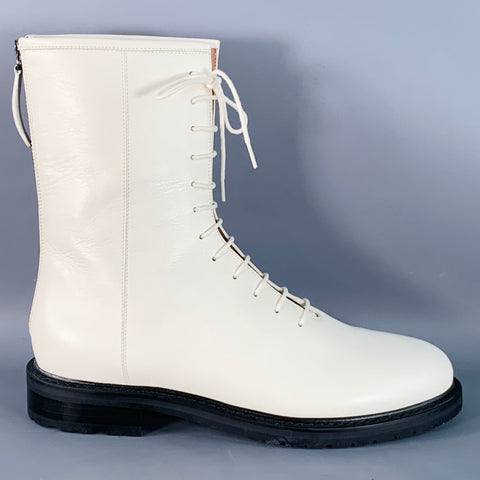 LEGRES Size 11 White Leathre Lace-Up Zipper Ankle Boots
