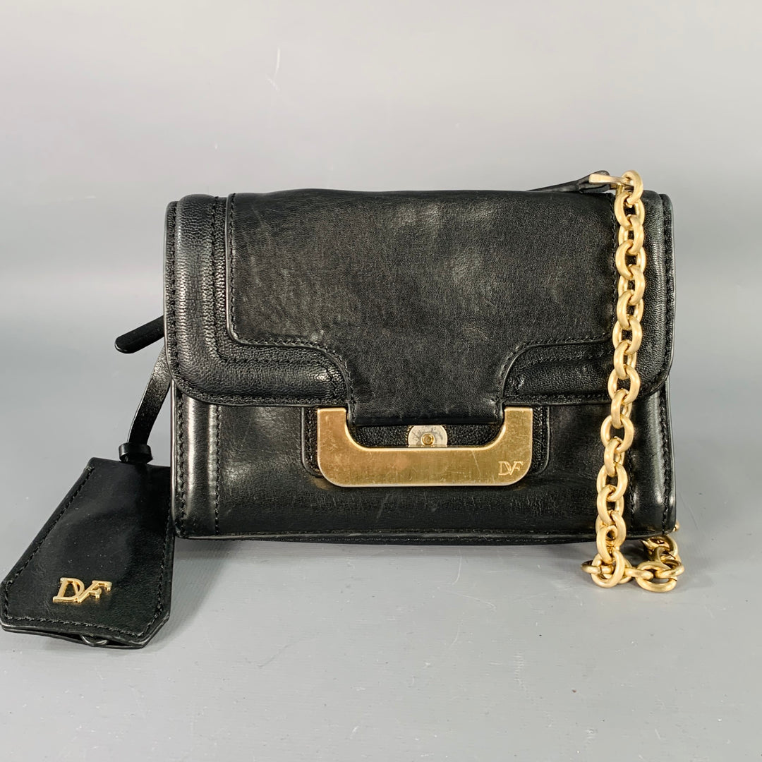 DIANE VON FURSTENBERG Black Gold Leather Cross Body Handbag