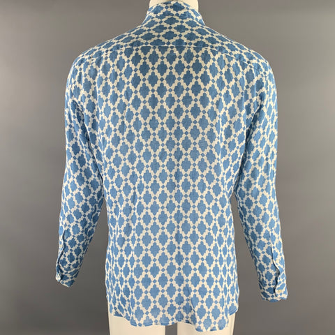 PENINSULA Size XL Blue White Geometric Linen Long Sleeve Shirt