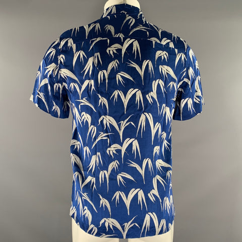 SANDRO Size L Blue White Leaves Rayon Camp Short Sleeve Shirt