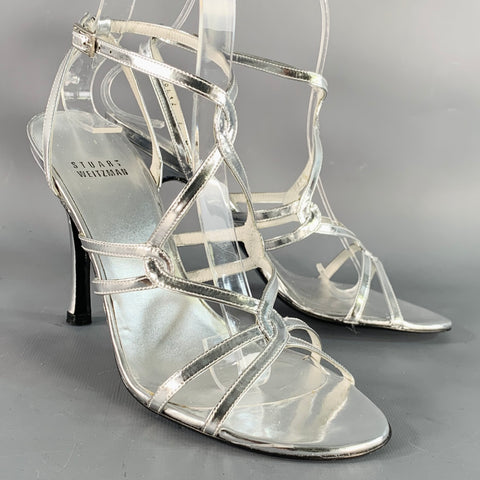 STUART WEITZMAN Size 6 Metallic Silver Patent Leather Strappy Ankle Strap Sandals