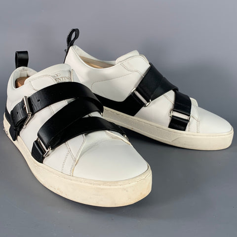 VALENTINO Size 8.5 White Black Two Toned Leather Belted Sneakers