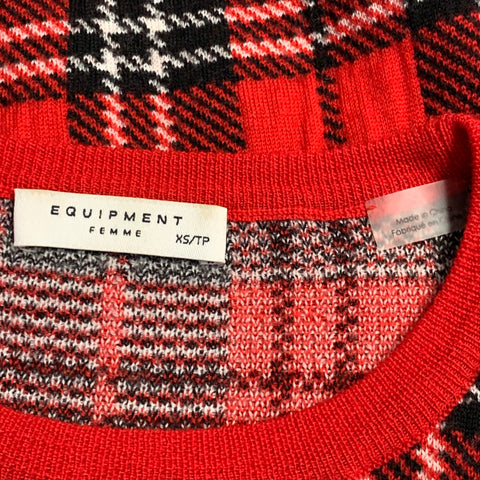 EQUIPMENT Taille S Pull col rond en mélange de laine à carreaux rouge noir blanc