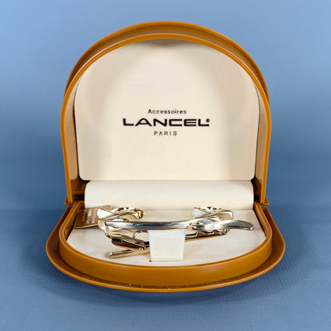 LANCEL Gold Metal Monogram Cuff Links Tie Clip Set
