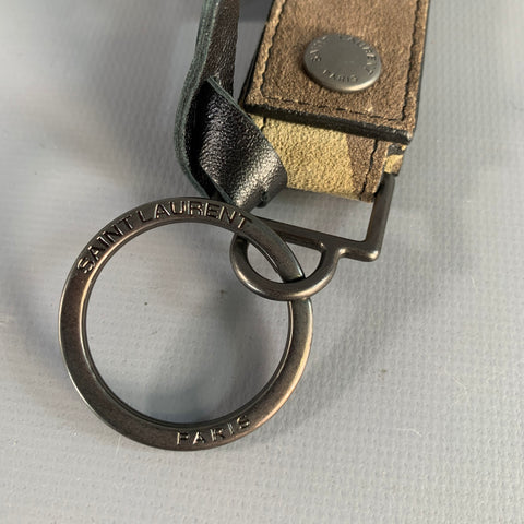 SAINT LAURENT Green Black Camouflage Suede Metal Bag Charm