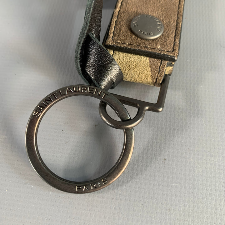 SAINT LAURENT Green Black Camouflage Suede Metal Bag Charm