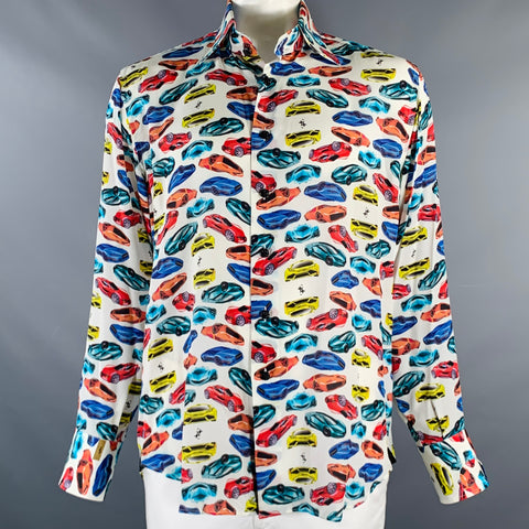 BILLIONAIRE COUTURE Size L White Multi Color Print Silk Long Sleeve Shirt