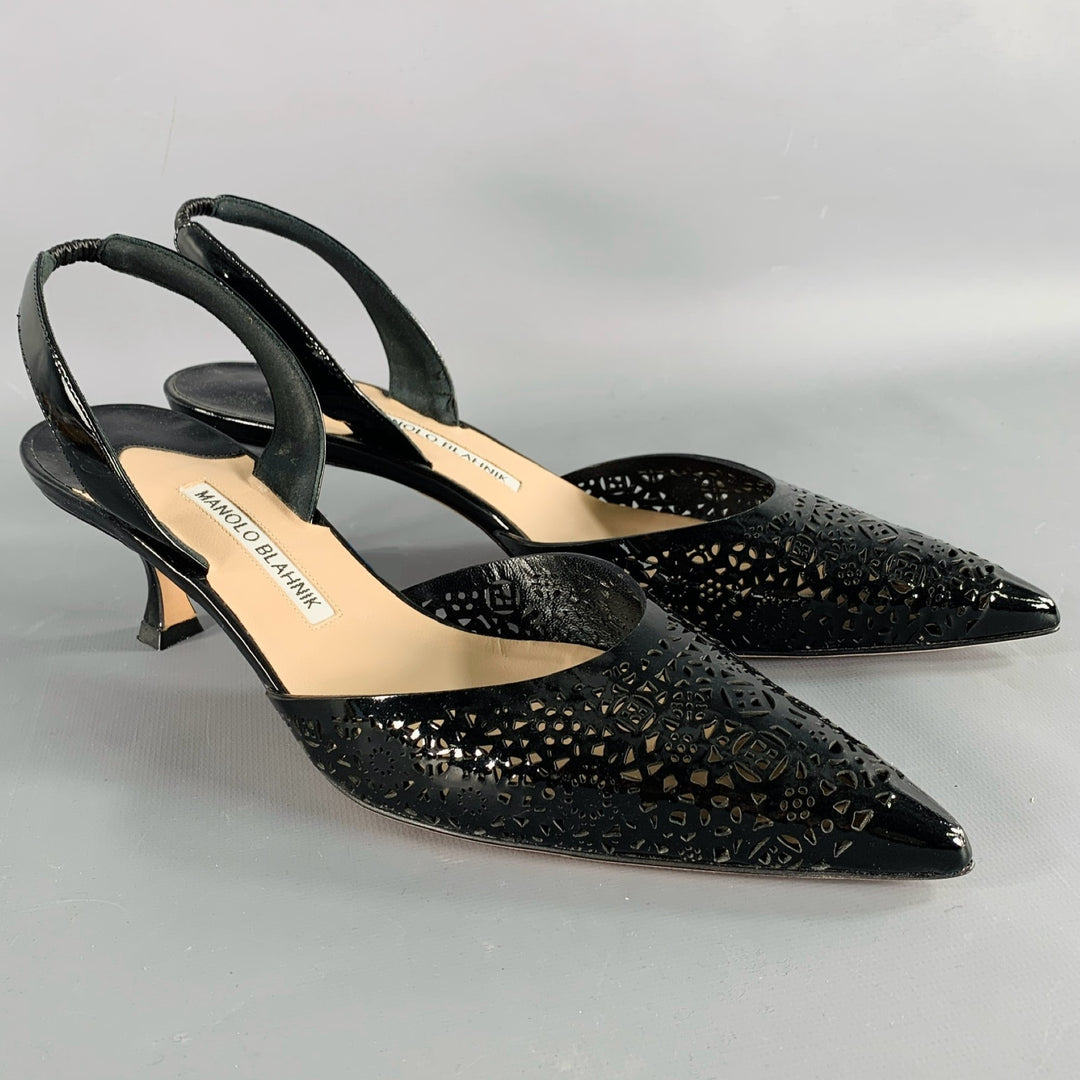 MANOLO BLAHNIK Size 11 Black Perforated Patent Leather Slingback Pumps