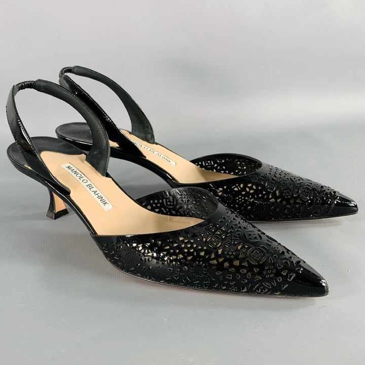 MANOLO BLAHNIK Size 11 Black Perforated Patent Leather Slingback Pumps