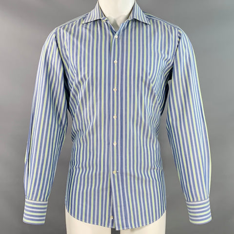 ETRO Size M Blue Green Stripe Cotton Spread Collar Long Sleeve Shirt