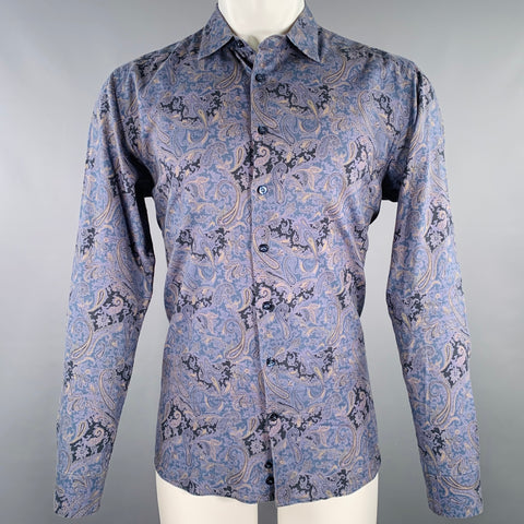ETRO Size 41 Blue Grey Paisley Curved Cutaway Long Sleeve Shirt