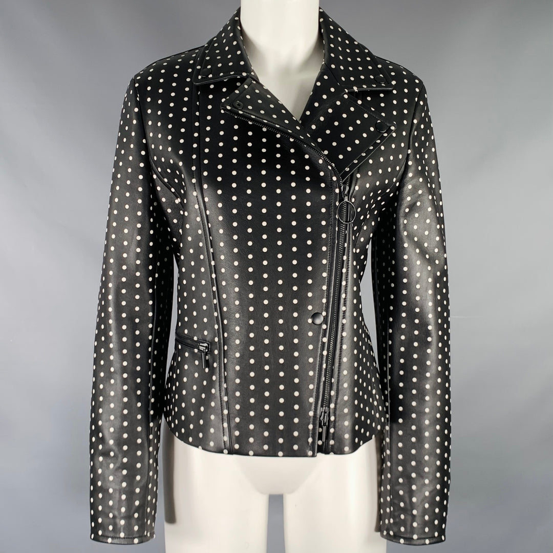 AKRIS Size 8 Black White Lambskin Leather Polka Dot Biker Jacket
