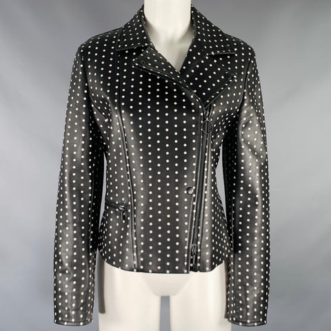 AKRIS Size 8 Black White Lambskin Leather Polka Dot Biker Jacket