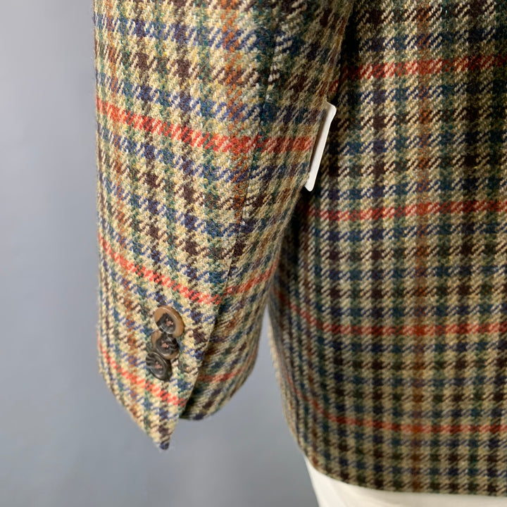 O'CONNELL'S Size 42 Long Tan Red Blue Plaid Wool Notch Lapel Sport Coat