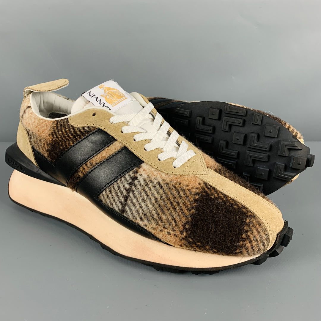 LANVIN Size 11 Beige Brown Plaid Wool Sneakers