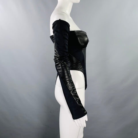 MUGLER Size 2 Black Lambskin Nylon Blend Bodysuit