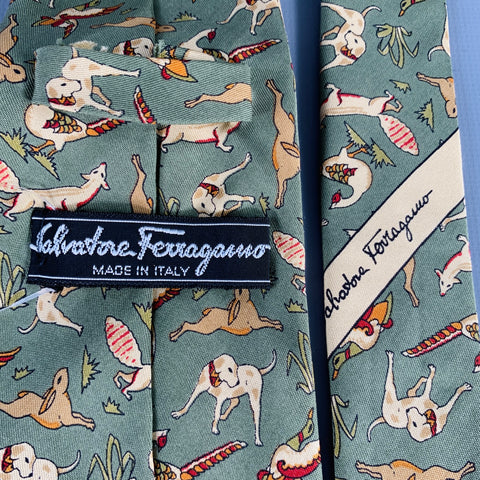 SALVATORE FERRAGAMO Green Taupe Woodland Animals Silk Tie