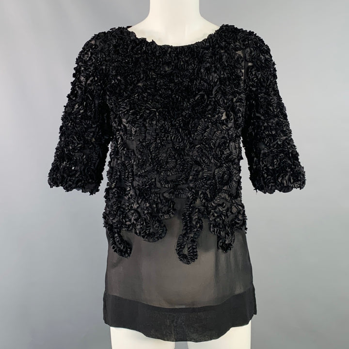 DRIES VAN NOTEN Size 4 Black Silk Ruffled Short Sleeve Dress Top