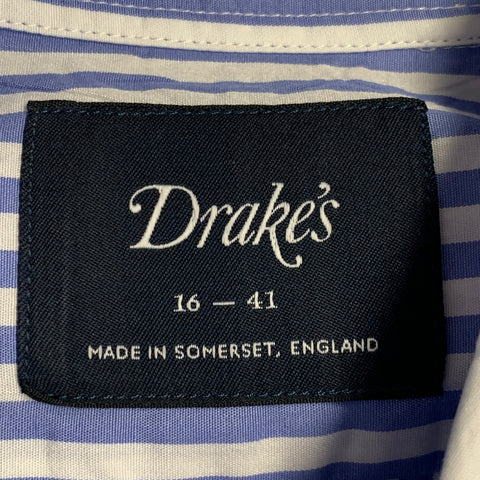 DRAKES LONDON Size M Blue White Stripe Cotton One Pocket Long Sleeve Shirt