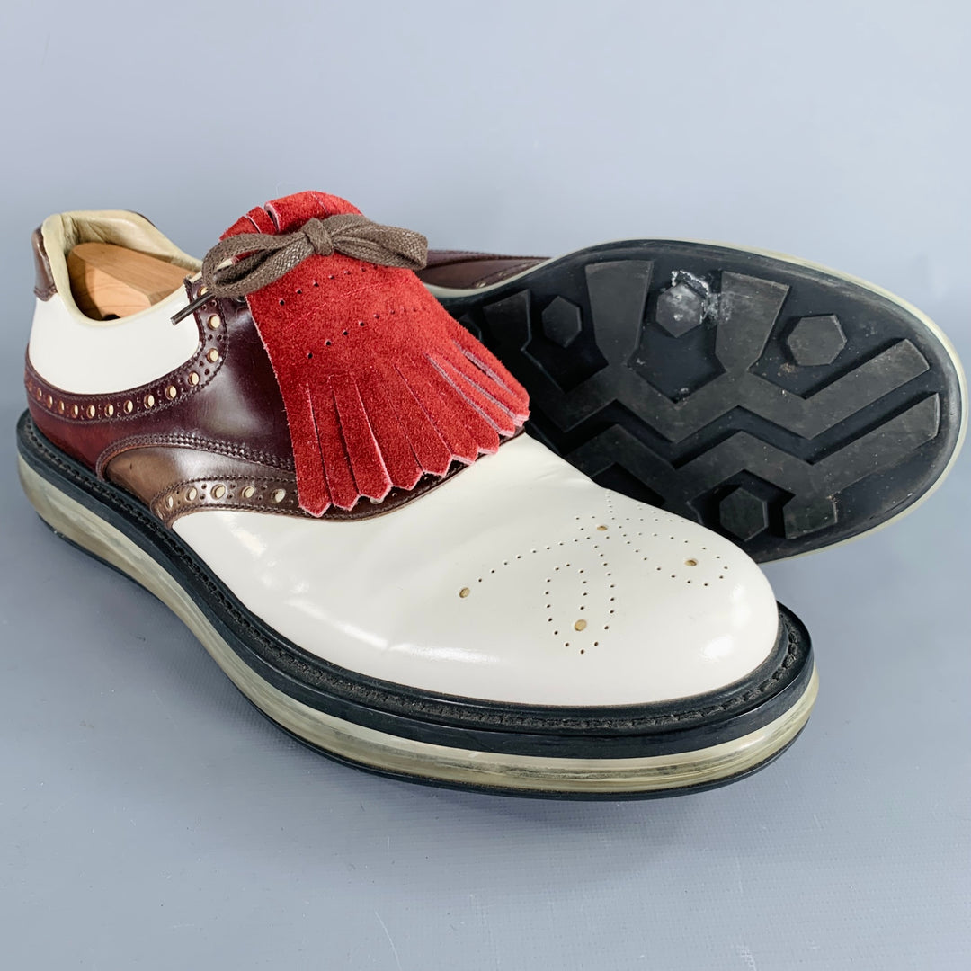PRADA Size 11 White Burgundy Perforated Leather Lace-Up Shoes  Sui Generis  Designer Consignment