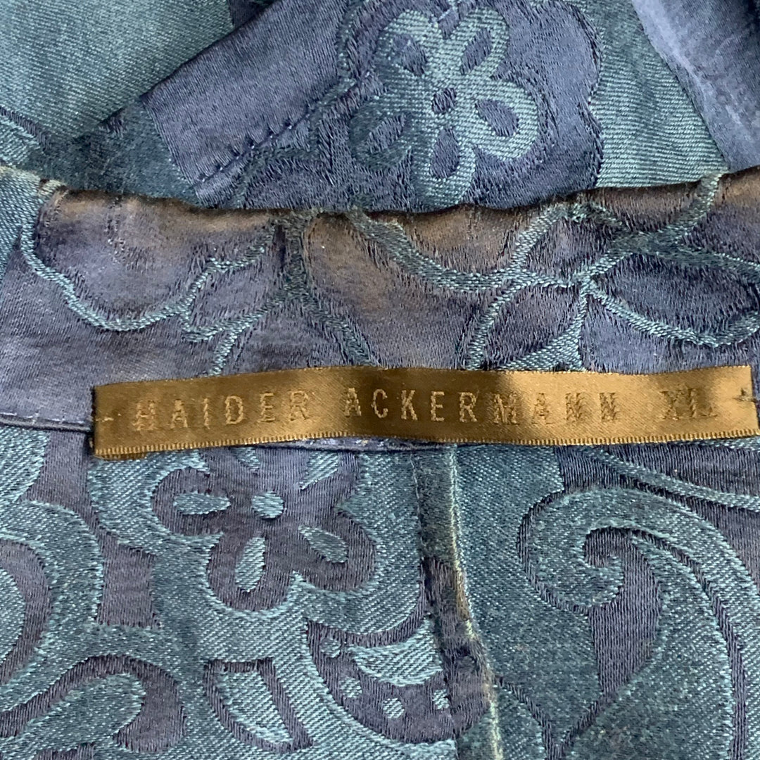 HAIDER ACKERMANN Size XL Blue Jacquard Linen Silk Floral One Pocket Long Sleeve Shirt