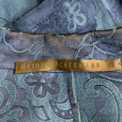 HAIDER ACKERMANN Size XL Blue Jacquard Linen Silk Floral One Pocket Long Sleeve Shirt