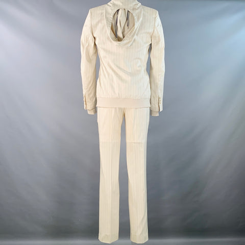 GAULTIER 2 Vintage Size 38 Beige Grey Pinstripe Wool Silk Single Button Hooded Suit