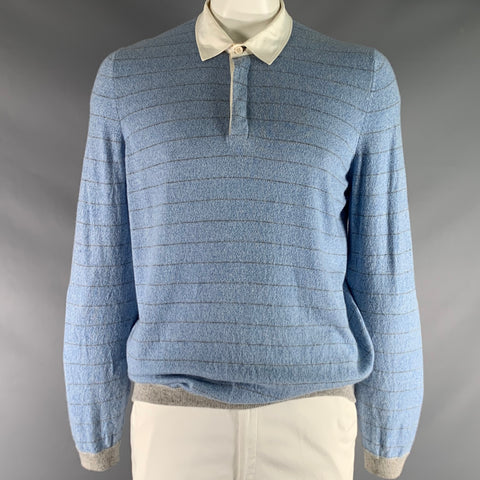 BRUNELLO CUCINELLI Size 48 Blue Grey Stripe Cashmere Polo Pullover