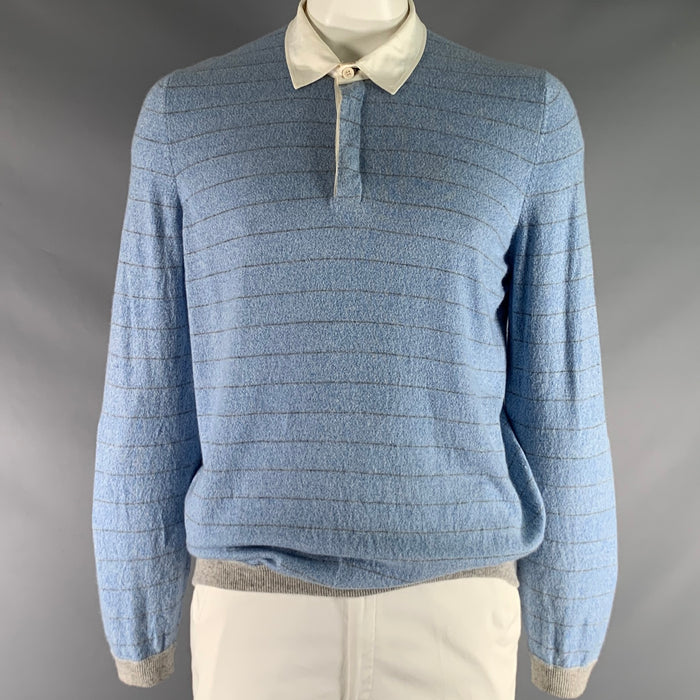BRUNELLO CUCINELLI Size 48 Blue Grey Stripe Cashmere Polo Pullover