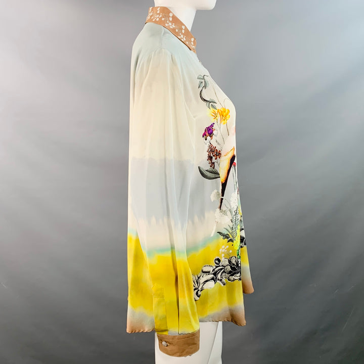 ETRO Size 8 Blue Multi Color Silk Birds Print Contrast Trim Blouse