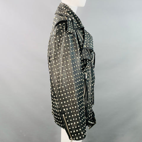 RETROFETE Taille M Blouson de motard en cuir d'agneau clouté de cristaux noir