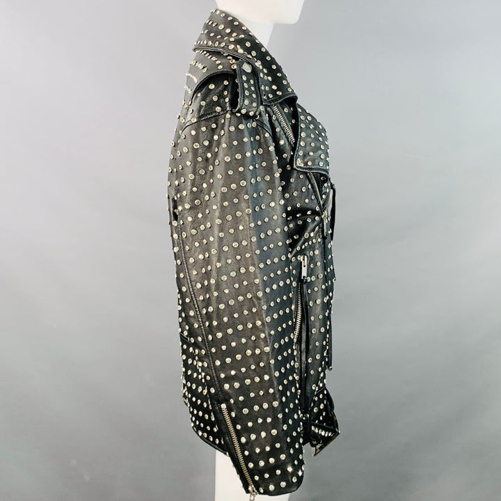 RETROFETE Size M Black Crystal Studded Lambskin Leather Biker Jacket
