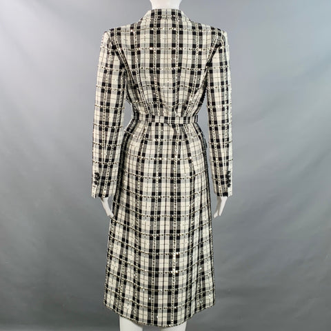 MICHAEL KORS COLLECTION Size 2 Black White Cotton Wool Plaid Studded Belted Coat