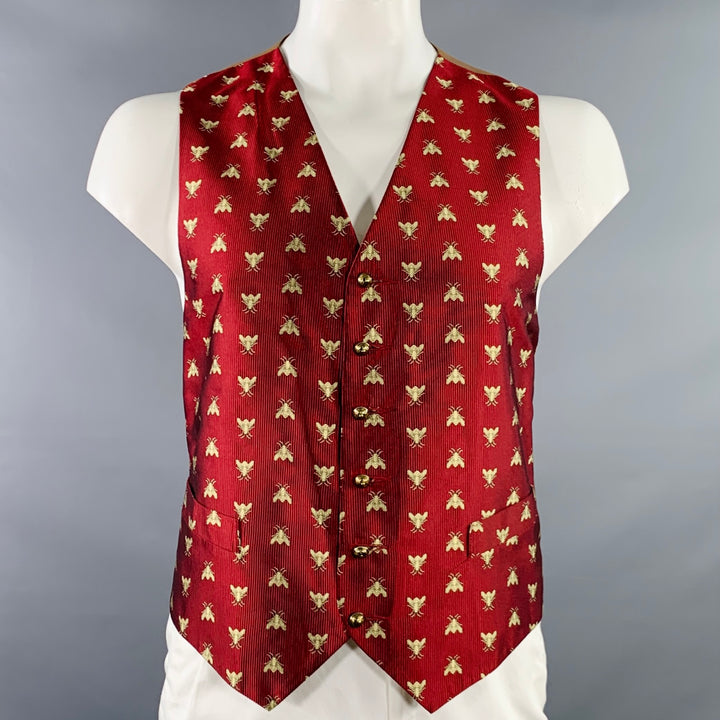 FAVOURBROOK Size 44 Burgundy Gold Embroidered Bees Silk Classic V-Neck Vest