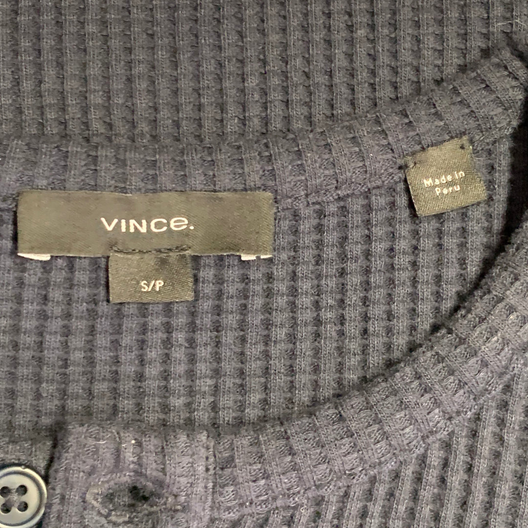 VINCE Size S Navy Waffle Knit Cotton Blend Henley Pullover